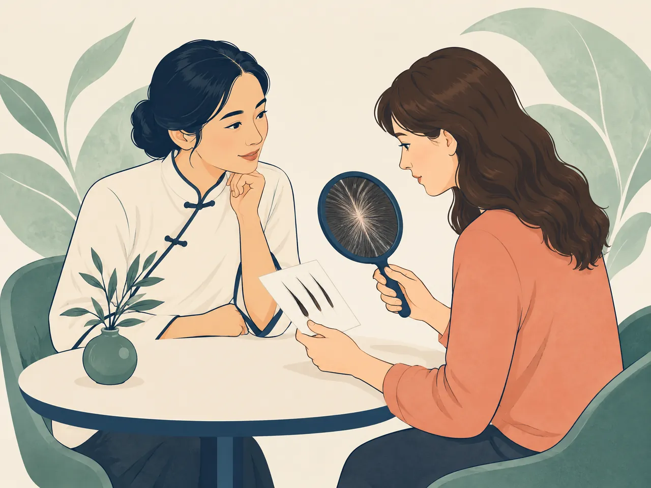 patchy hair loss — A practitioner and client discussing a scalp view in a hand mirror and hair strands during a thoughtful assessment — Hong Kong