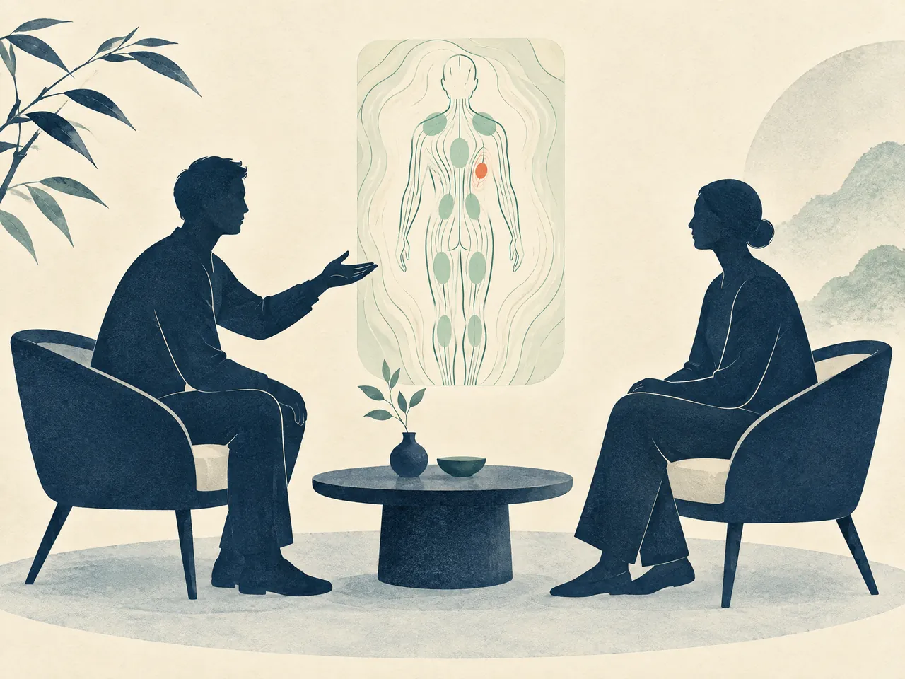 tui-na Hong Kong — Assessment discussion between two people with an abstract body-map card — Hong Kong