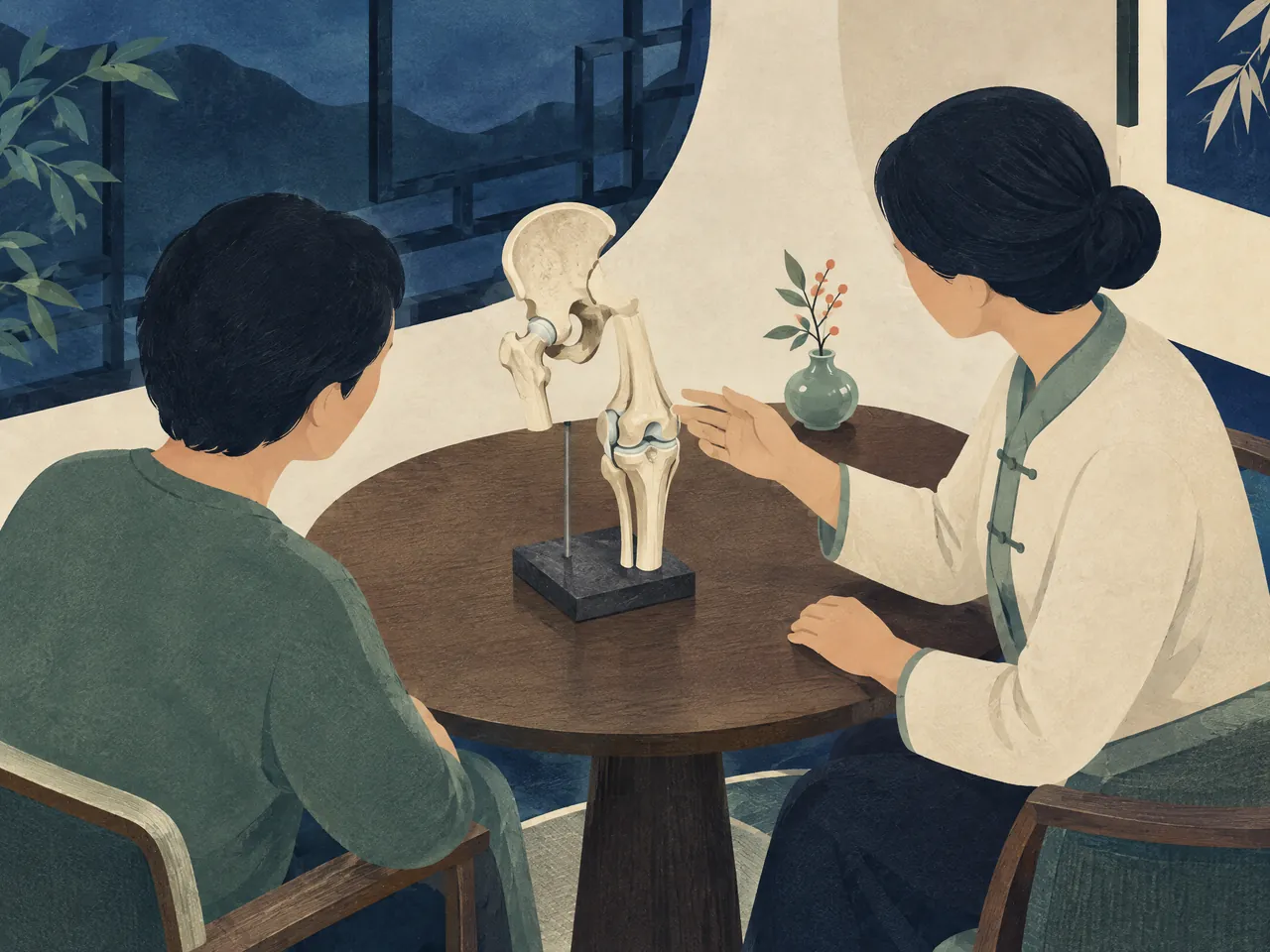does acupuncture help hip pain — Two adults discuss a hip-and-knee anatomical model at a round table during a focused assessment conversation — Hong Kong