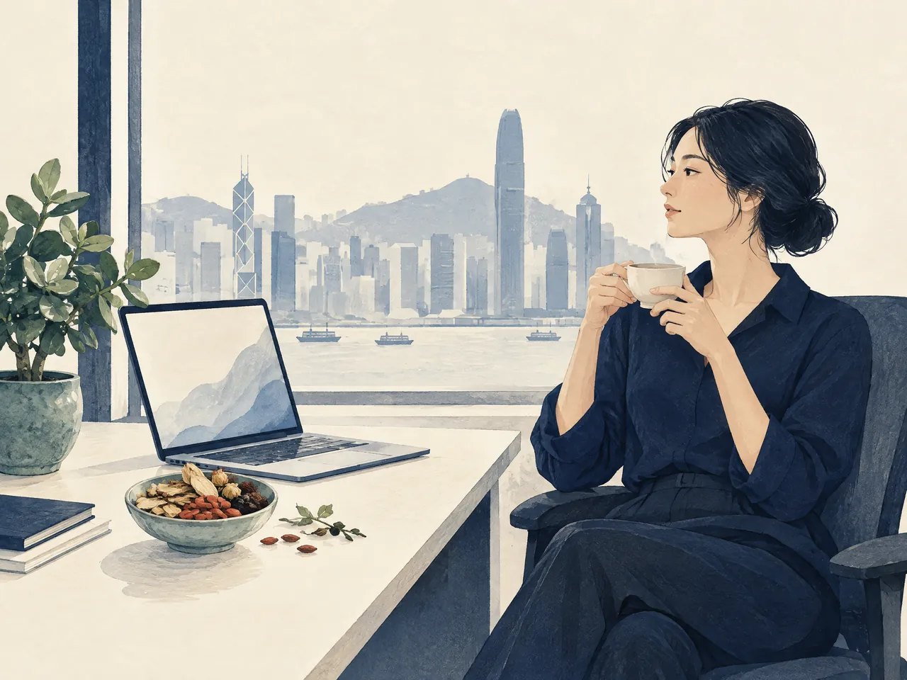 Chinese herbal medicine — A Hong Kong office worker pauses from a blank laptop to enjoy a tea cup beside a small bowl of herbal ingredients — Hong Kong