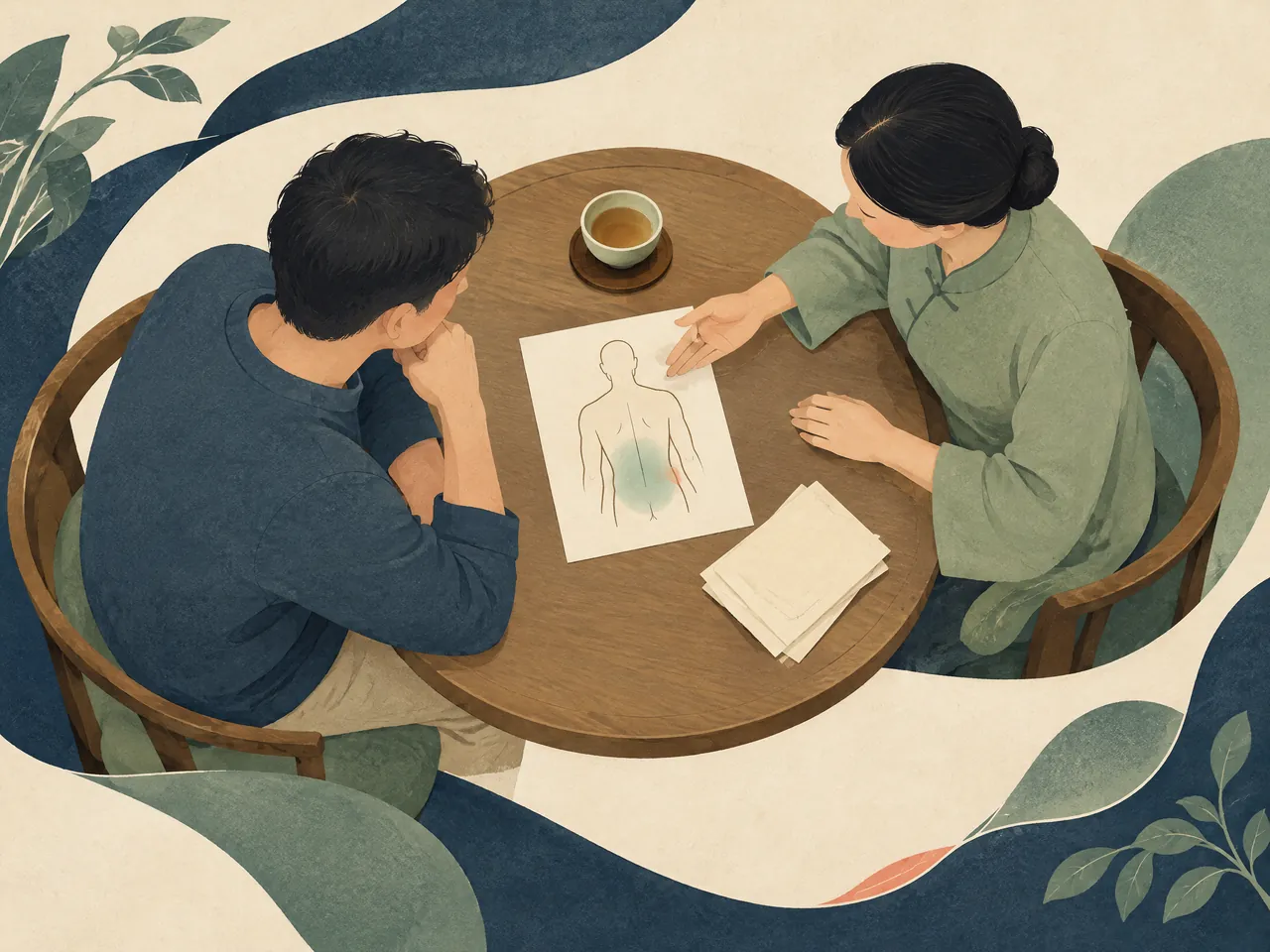 how does acupuncture help back pain — An overhead editorial scene of an adult and practitioner discussing a simple body-outline card with a highlighted lower-back area over tea — Hong Kong