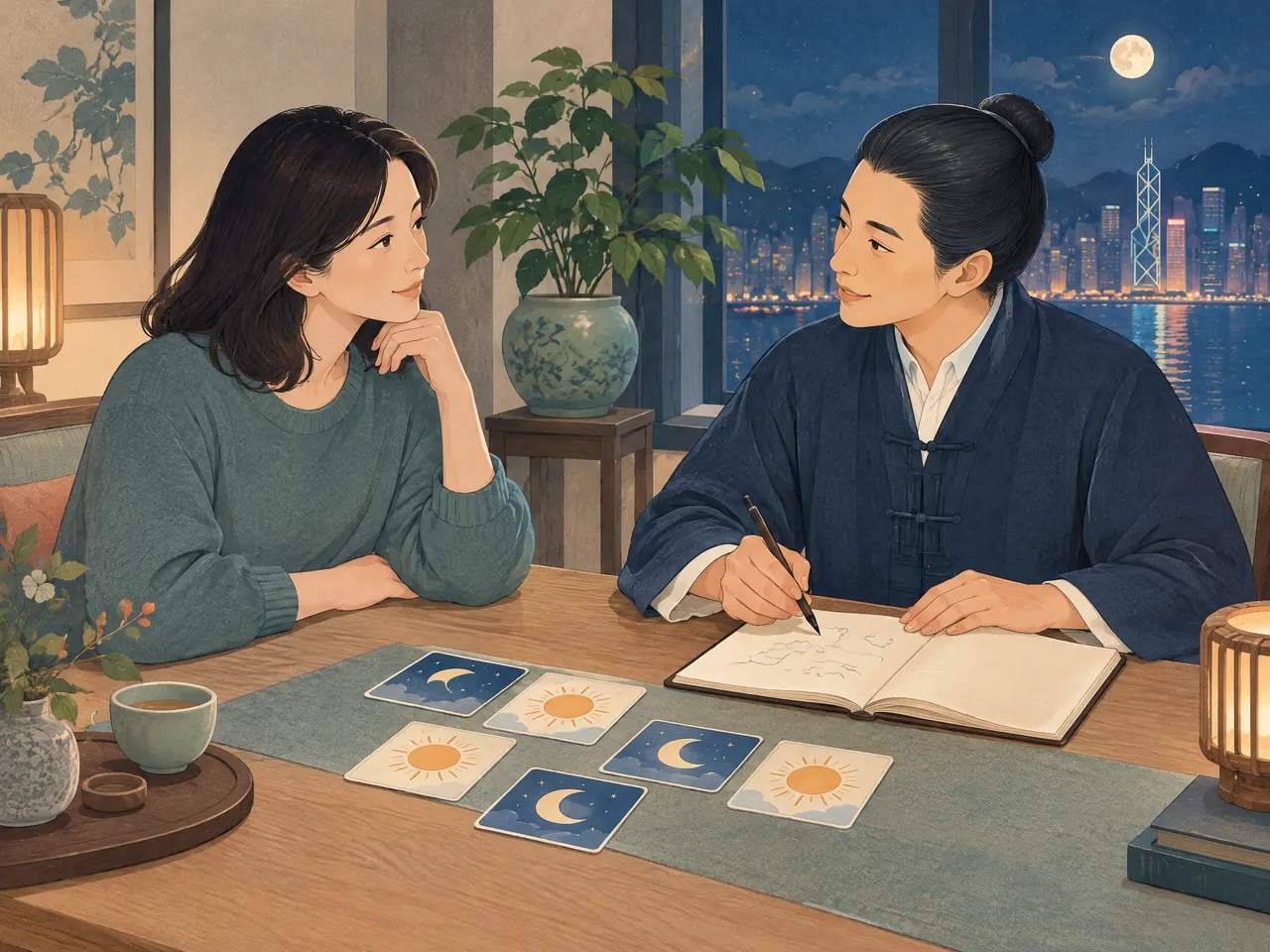 insomnia assessment — An adult and a Chinese medicine practitioner discuss sleep routines using unlabelled moon-and-sun picture cards and a blank notebook — Hong Kong