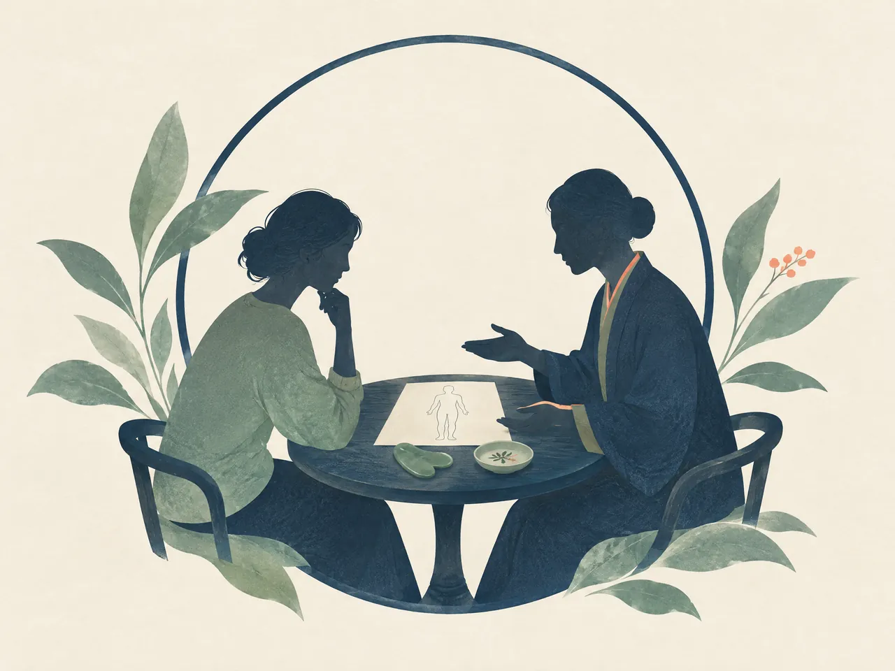 body gua sha — Two people in a thoughtful assessment discussion over an unlabelled body-outline sheet, with a gua sha tool and small dish on the table — Hong Kong