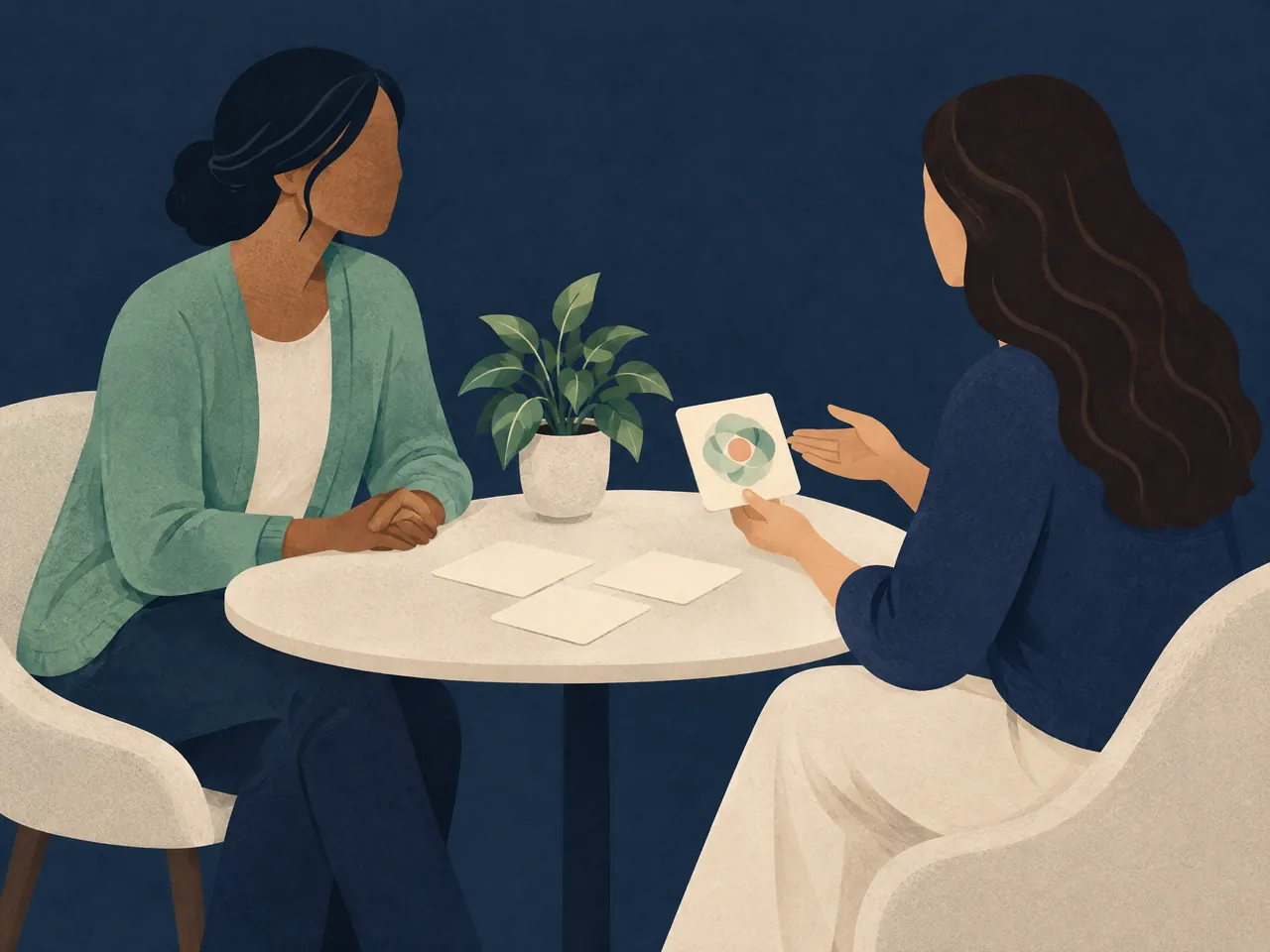 Chinese medicine postnatal assessment — Two anonymised adult women hold a private, respectful health discussion across a small table with blank cards — Hong Kong
