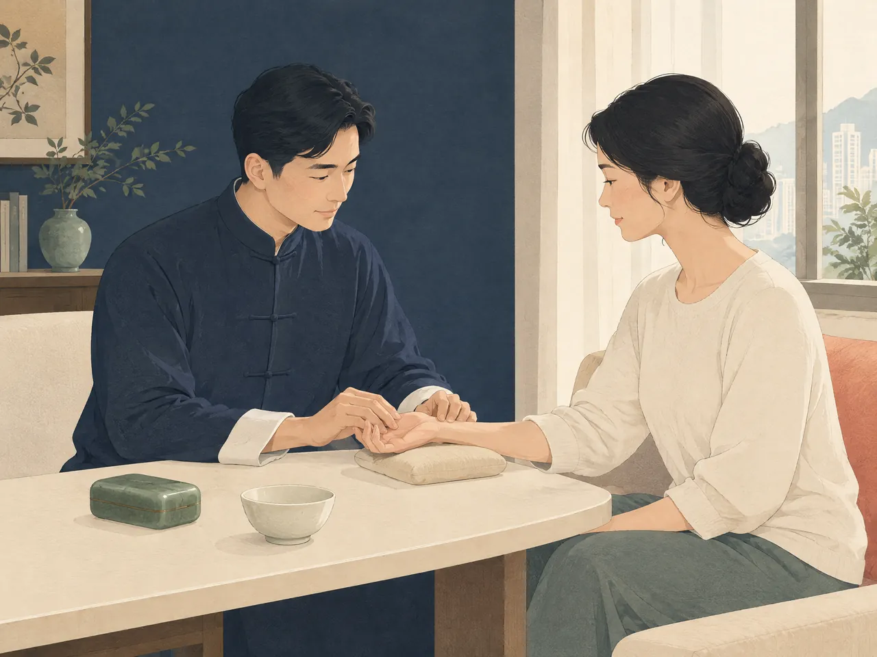 home visit Chinese medicine Hong Kong — A practitioner gently checking an adult resident’s wrist pulse across a low table during an initial home consultation — Hong Kong
