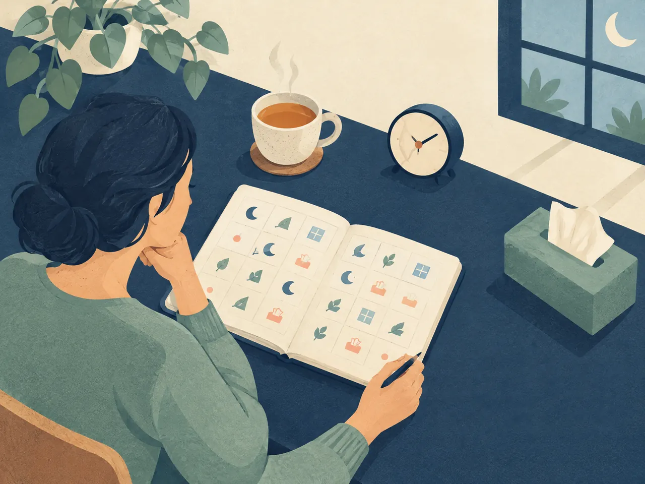 non-allergic rhinitis — A person at a home desk noticing symptom patterns in a text-free calendar marked with simple moon, leaf, window and tissue symbols — Hong Kong