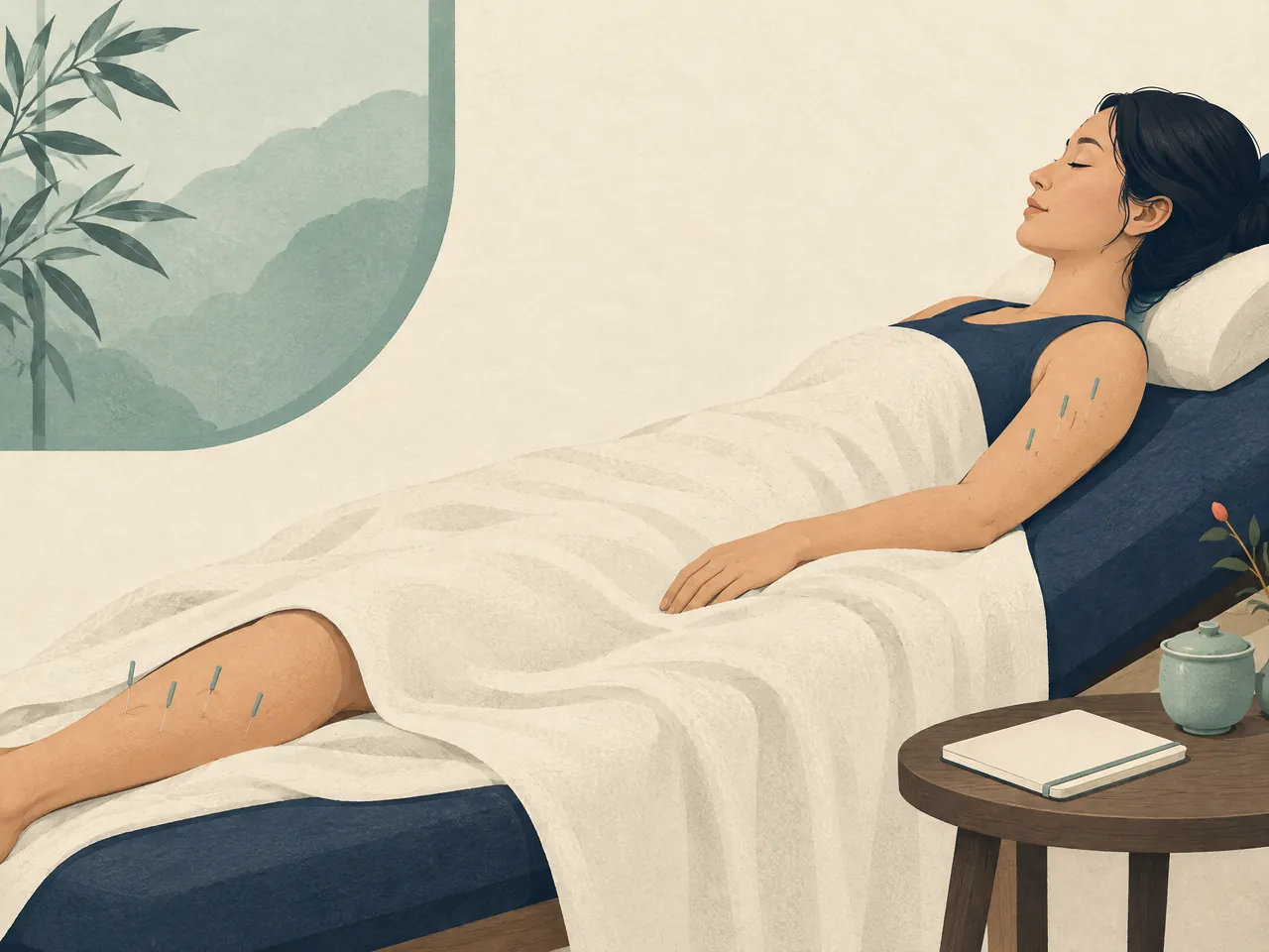acupuncture for herniated disc — A reclining adult receiving a calm, non-invasive acupuncture follow-up treatment with a tea cup and blank notebook nearby — Hong Kong