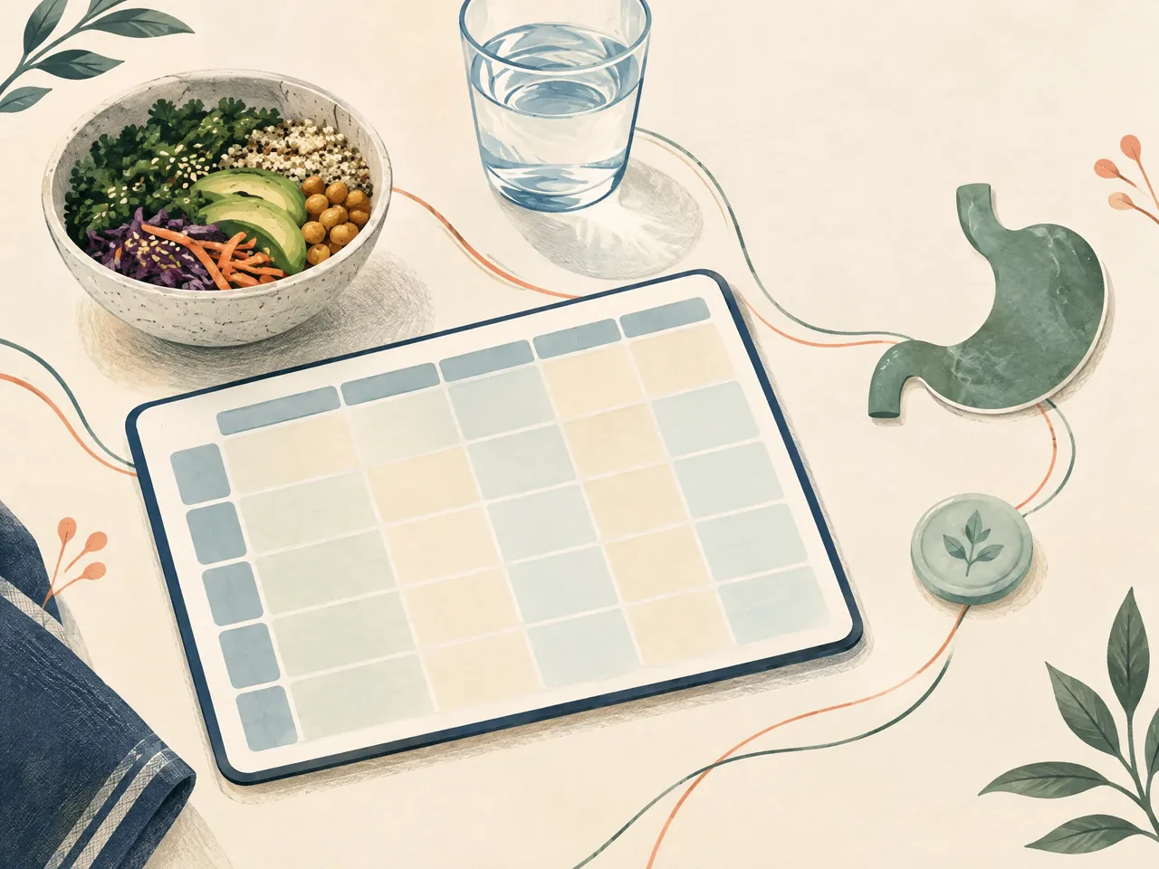 IBS acupuncture — A meal bowl, water glass, blank routine planner and jade stomach motif form a gentle food-and-symptom tracking scene — Hong Kong