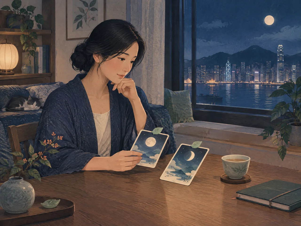 insomnia assessment — An adult reviews two illustrated moon-phase routine cards beside tea and a closed notebook during a calm at-home follow-up moment — Hong Kong