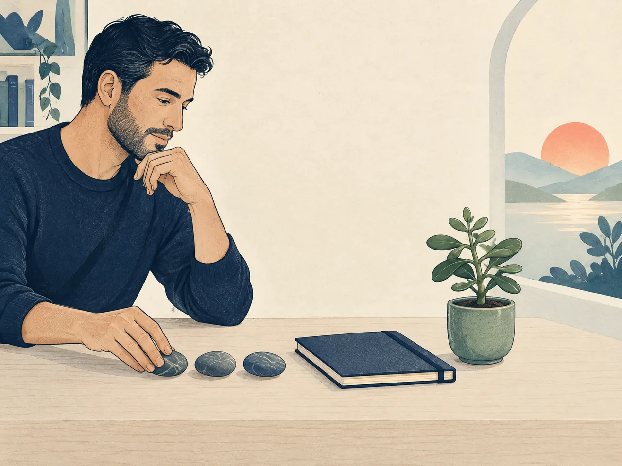 when should I seek urgent help for difficulty urinating — A man arranging three river stones beside a blank notebook and growing plant, illustrating gradual follow-up and routine reflection — Hong Kong