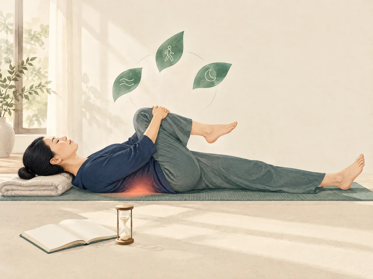 how does acupuncture help back pain — A person doing a gentle knee-to-chest stretch on a floor mat beside an unmarked journal and hourglass, representing thoughtful back-pain tracking — Hong Kong