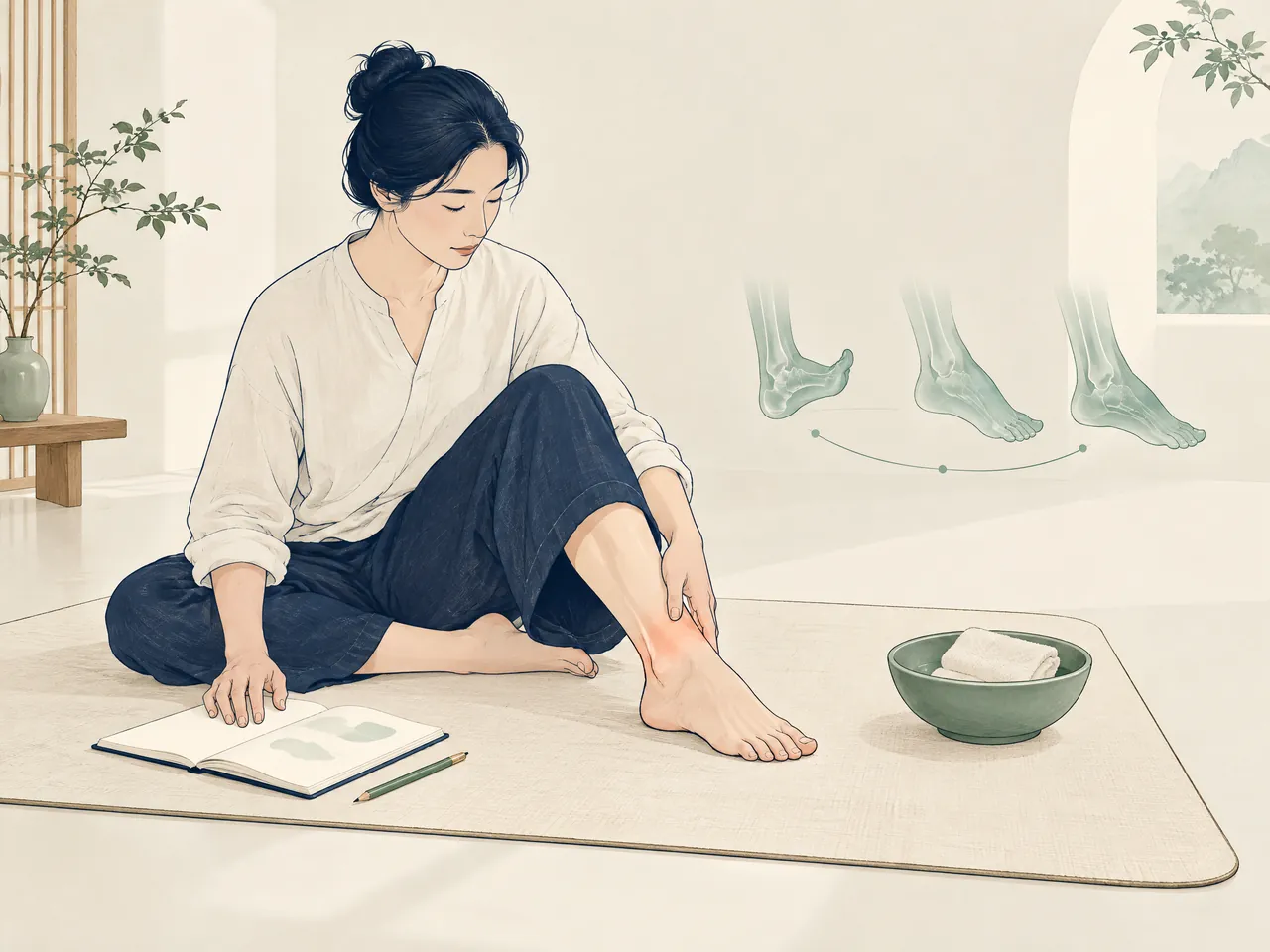 recurrent ankle sprains — Person gently monitoring ankle range of motion at home, with a notebook, towel bowl and three translucent movement positions — Hong Kong