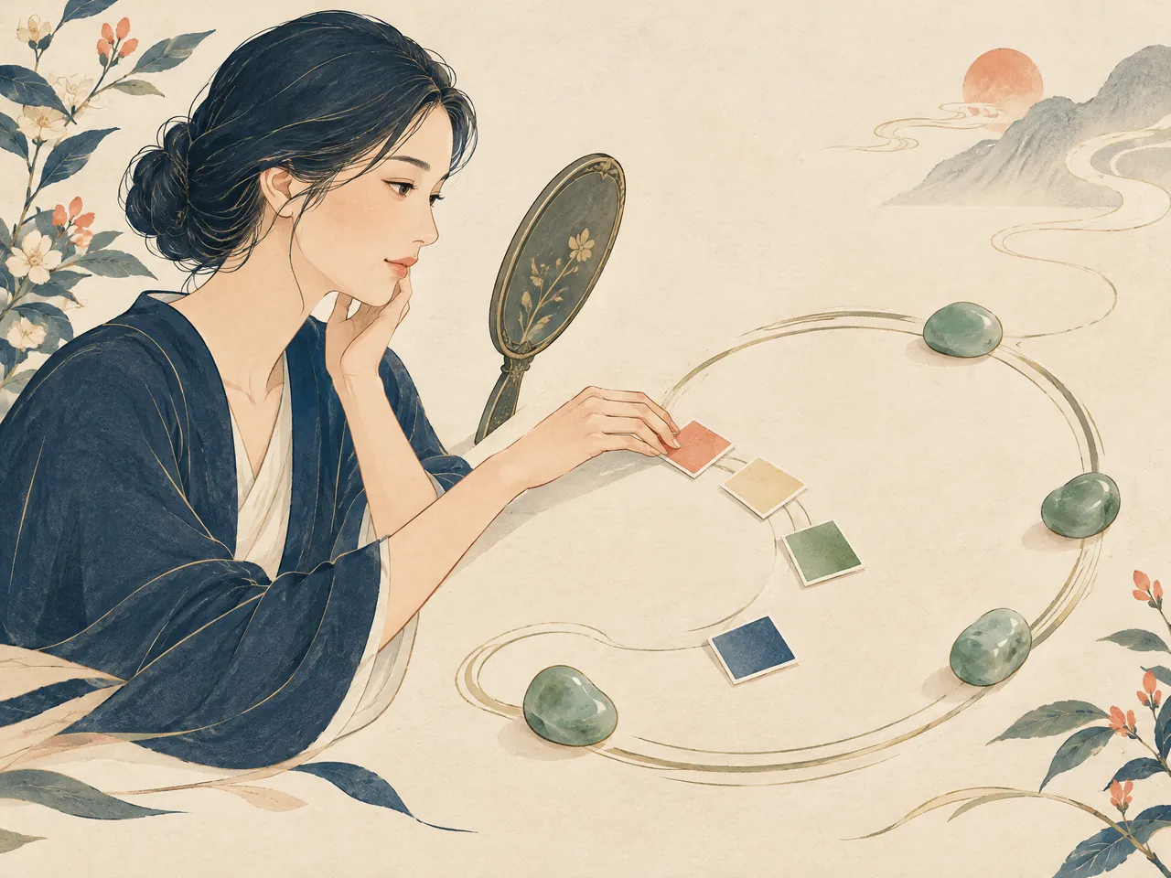 eczema itching relief — An adult observing a hand mirror and arranging unlabelled colour swatches and jade pebbles along a circular follow-up path — Hong Kong