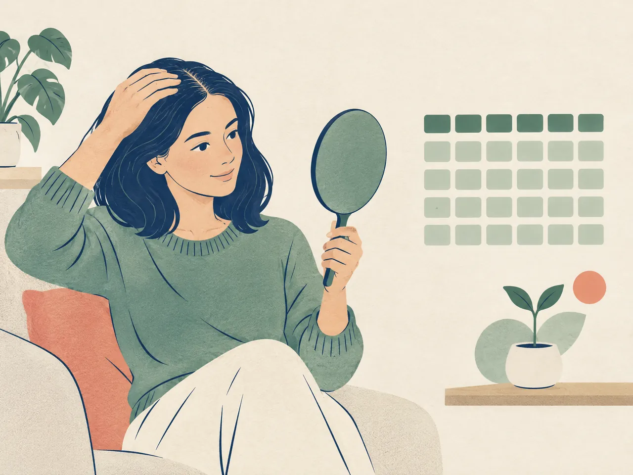 patchy hair loss — An adult checking their scalp with a hand mirror beside an abstract, unlabelled tracking grid and a young plant — Hong Kong