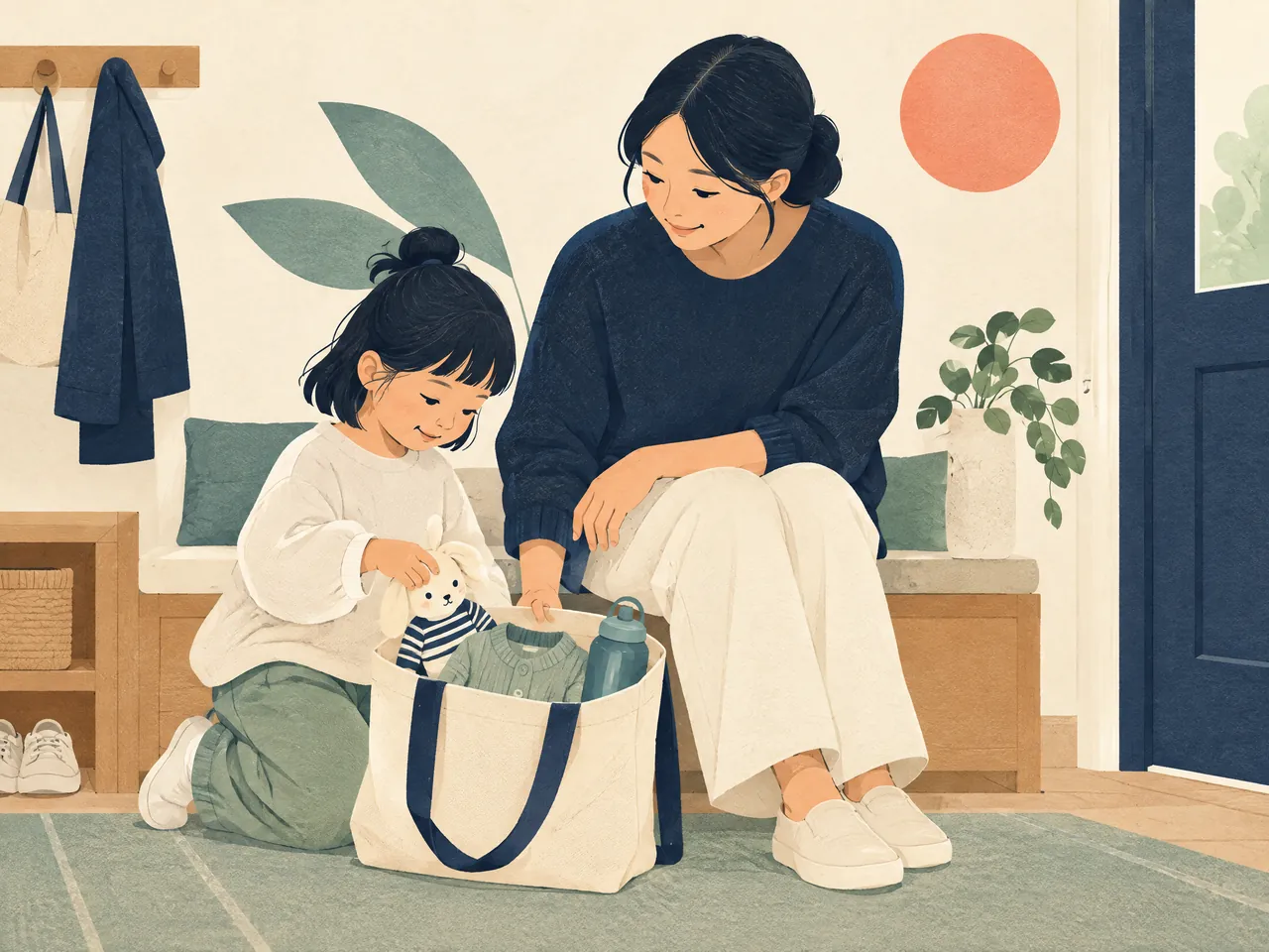 paediatrics in CM — Young child with a parent calmly preparing a familiar toy, loose clothing and water in a tote at home before a care visit — Hong Kong
