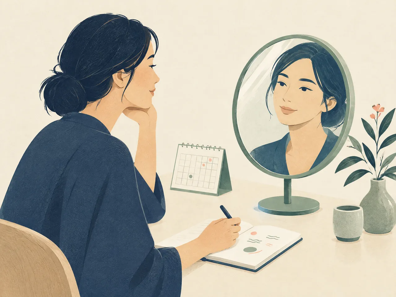 acne scar types — Mindful facial follow-up: an adult observes a relaxed reflection and notes abstract pattern marks without outcome comparison — Hong Kong