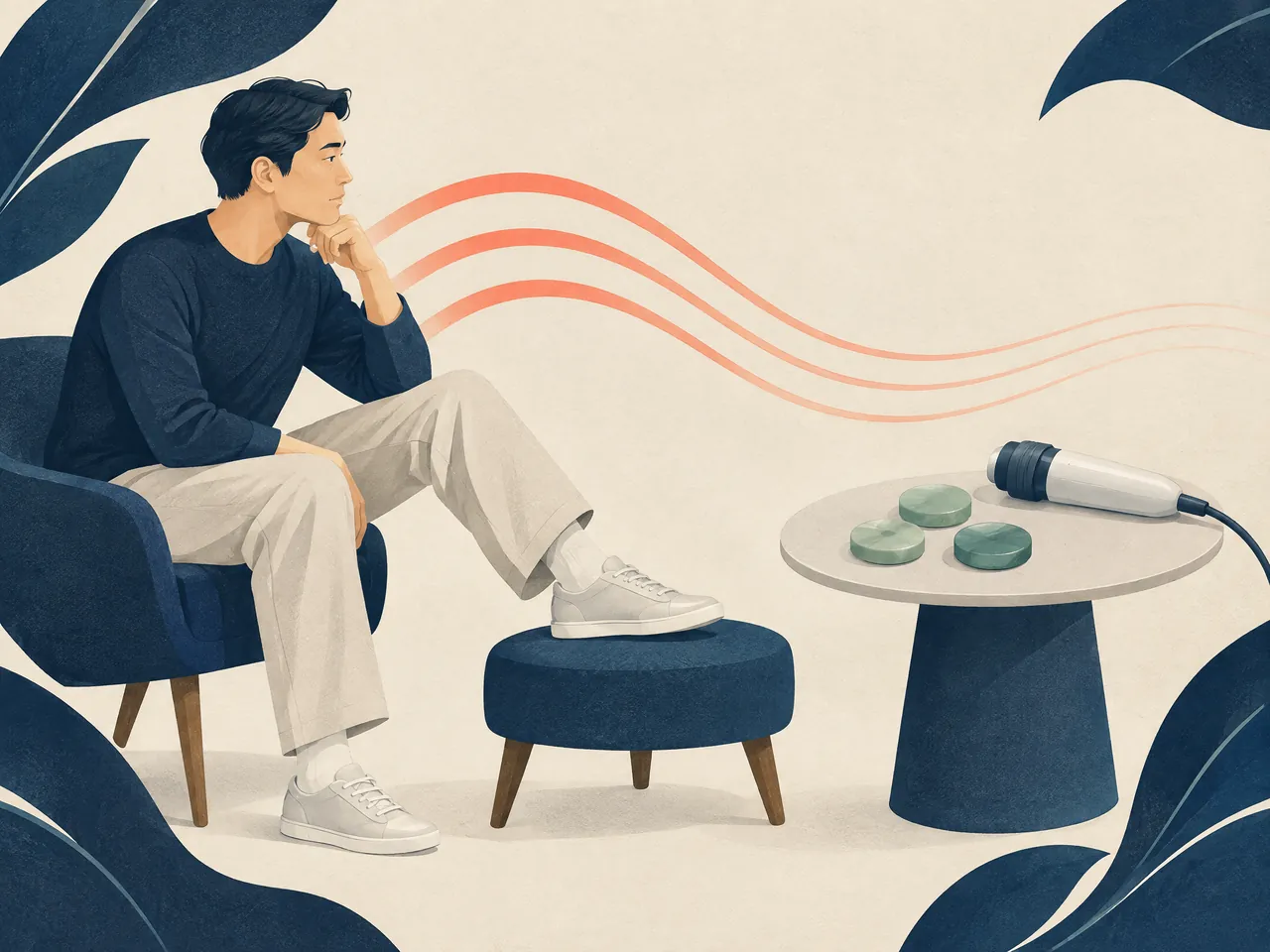 pain assessment — A seated adult reflects with one foot on a stool beside unlabelled jade markers and an unbranded shockwave handpiece — Hong Kong