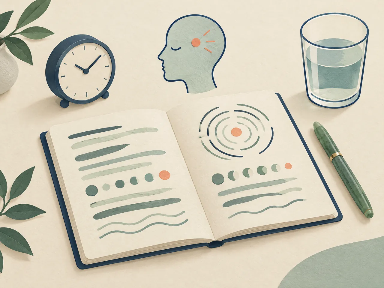 migraine medication side effects — A calm symptom-tracking still life with an abstract journal, analog clock, water glass, jade pen, and head token with a coral temple mark — Hong Kong
