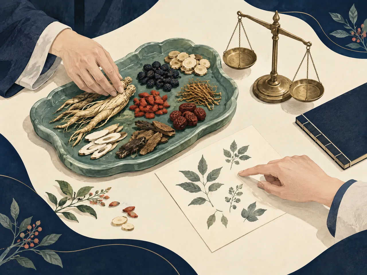 Chinese herbal medicine — Two pairs of hands review and arrange individual herbal roots and berries on a jade tray with a brass balance scale — Hong Kong