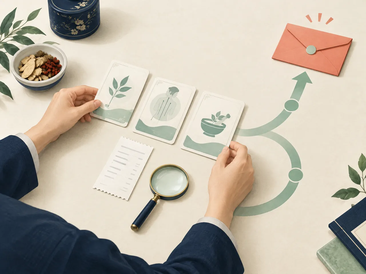 TCM Lab health information — Hands review plain service-detail cards and a receipt with a magnifying lens before sending a coral enquiry envelope, representing a refund enquiry review — Hong Kong