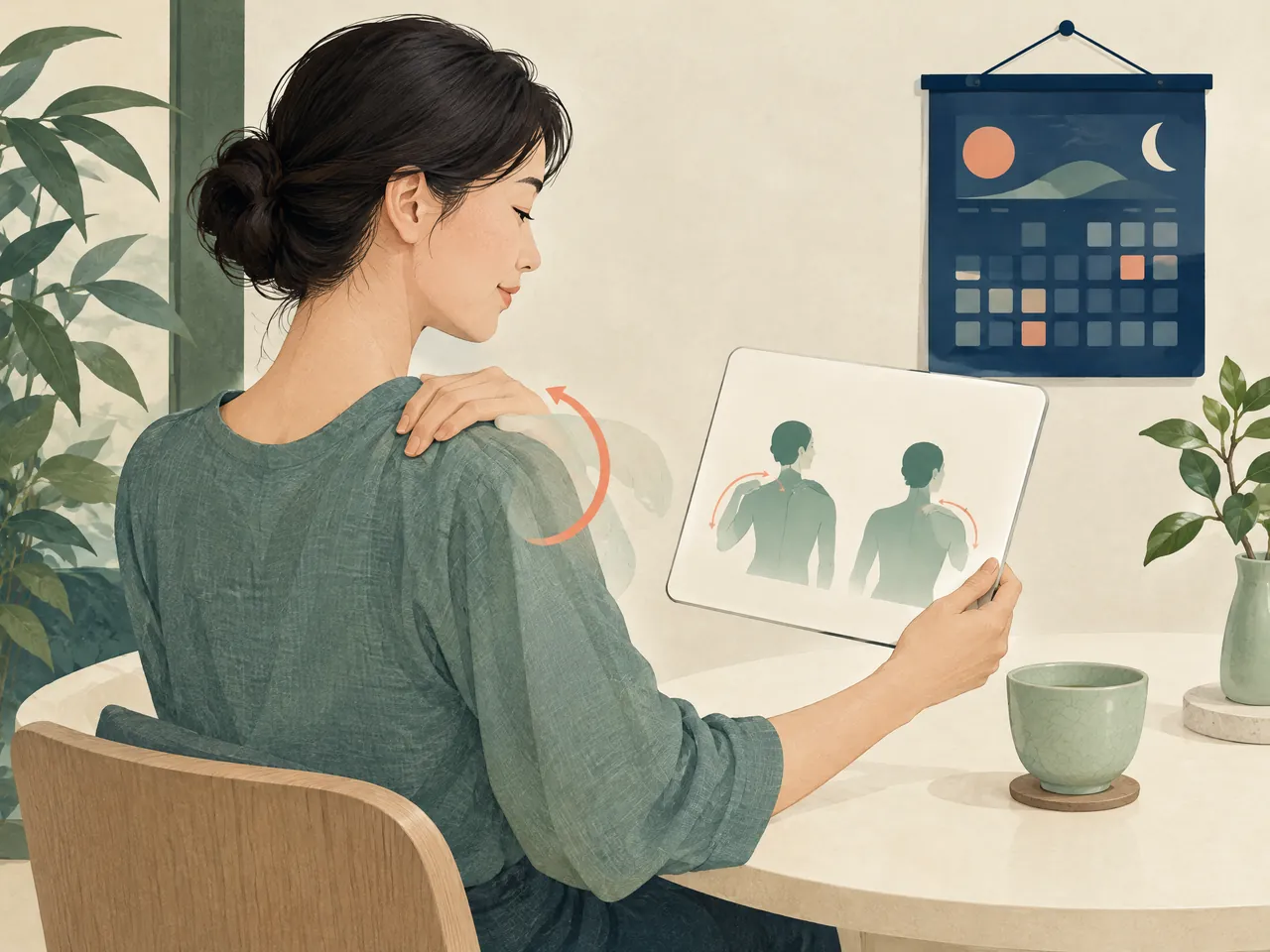 acupuncture for rounded shoulders — Adult reviewing gentle shoulder-movement silhouettes on a blank tablet as part of calm self-monitoring at home — Hong Kong