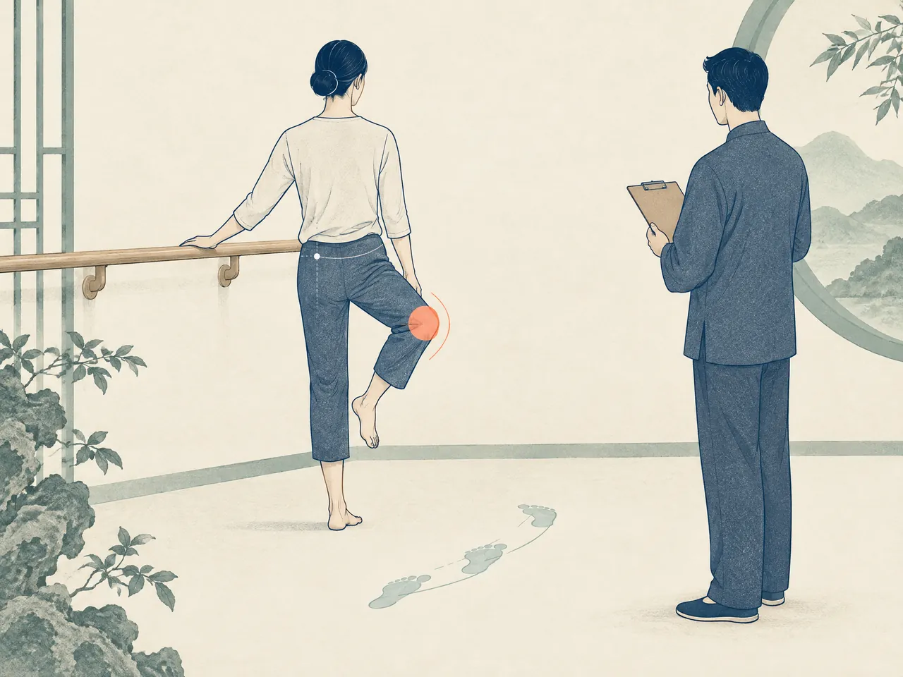 does acupuncture help hip pain — Supported single-leg balance observation by a rail, with a calm observer and footprint sequence for follow-up movement tracking — Hong Kong