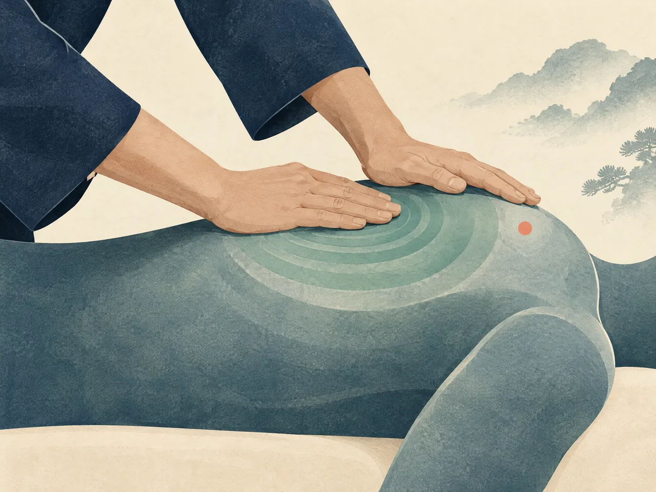 tui-na Hong Kong — Practitioner hands applying broad, measured palm contact across an abstract shoulder and upper back — Hong Kong