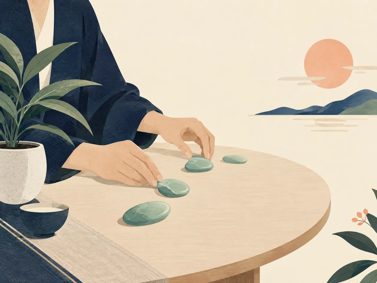 muscle strain red flags — Hands arranging jade pebbles along a gentle path on a table, representing reflective follow-up and noticing patterns over time — Hong Kong