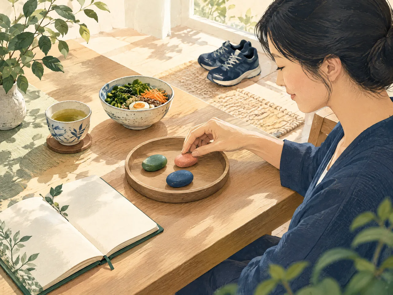 What should I ask before acupoint embedding? — An adult reflects on routines with coloured pebbles, a blank journal, tea, a meal bowl, and walking shoes — Hong Kong