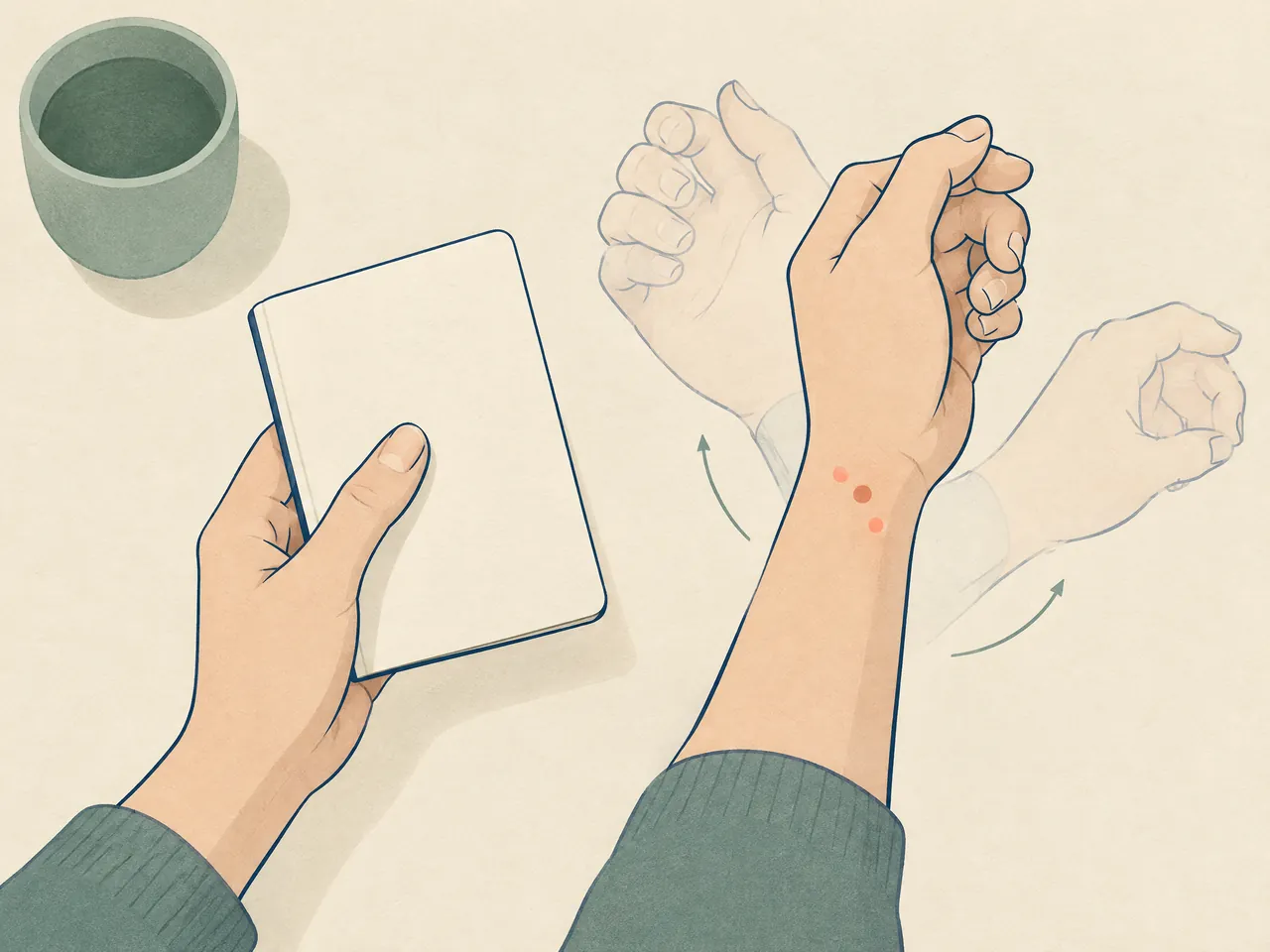 wrist pain — A self-observation scene with a blank notebook, one hand moving through ghosted wrist positions, and three subtle coral markers at the wrist — Hong Kong