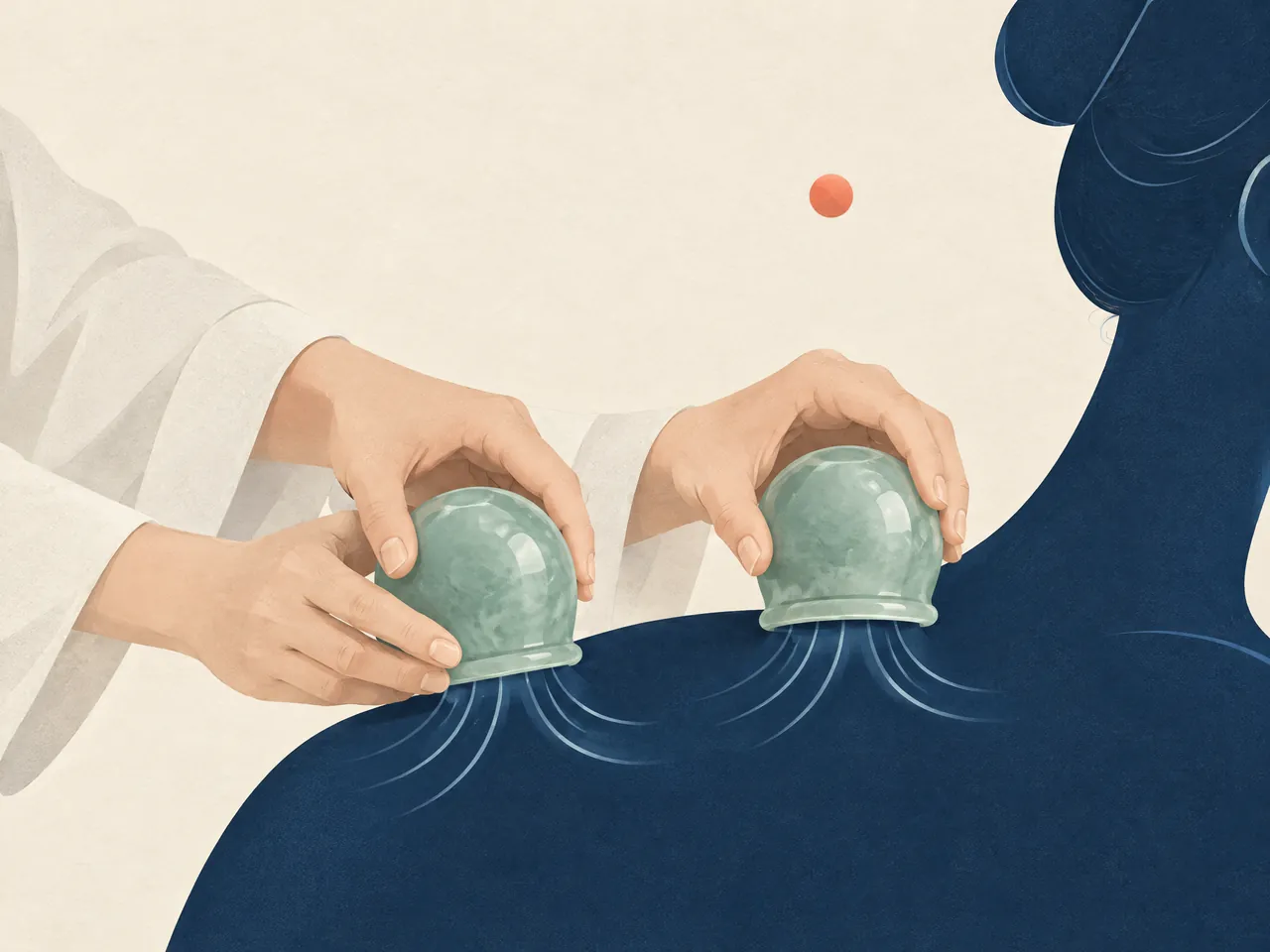 cupping therapy Hong Kong — Hands carefully position two jade cups over a simplified dark-blue shoulder silhouette with gentle contour lines — Hong Kong