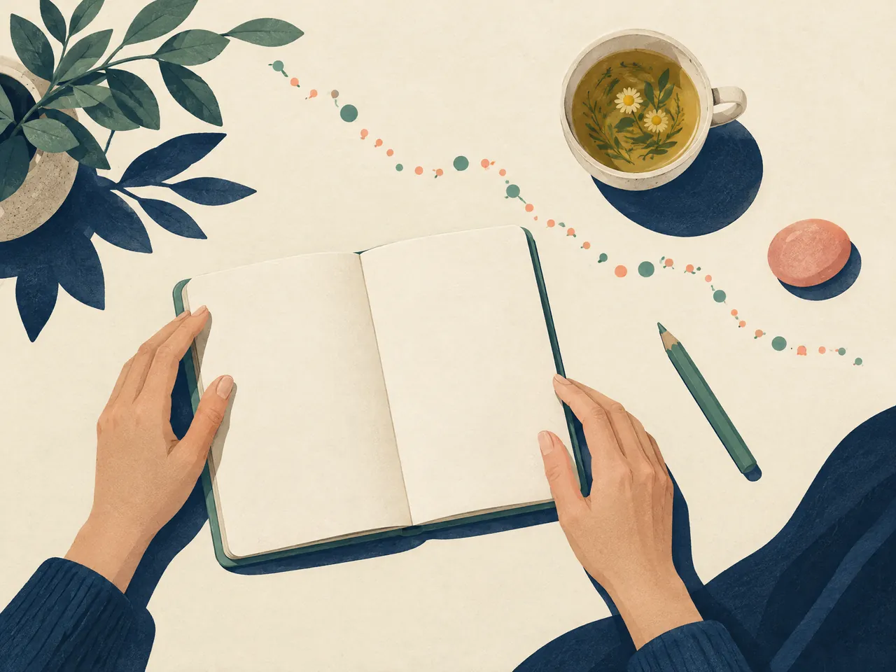 sciatica diagnosis and examination — Hands opening a blank journal beside tea, a jade pencil, and abstract dots suggesting personal symptom tracking — Hong Kong