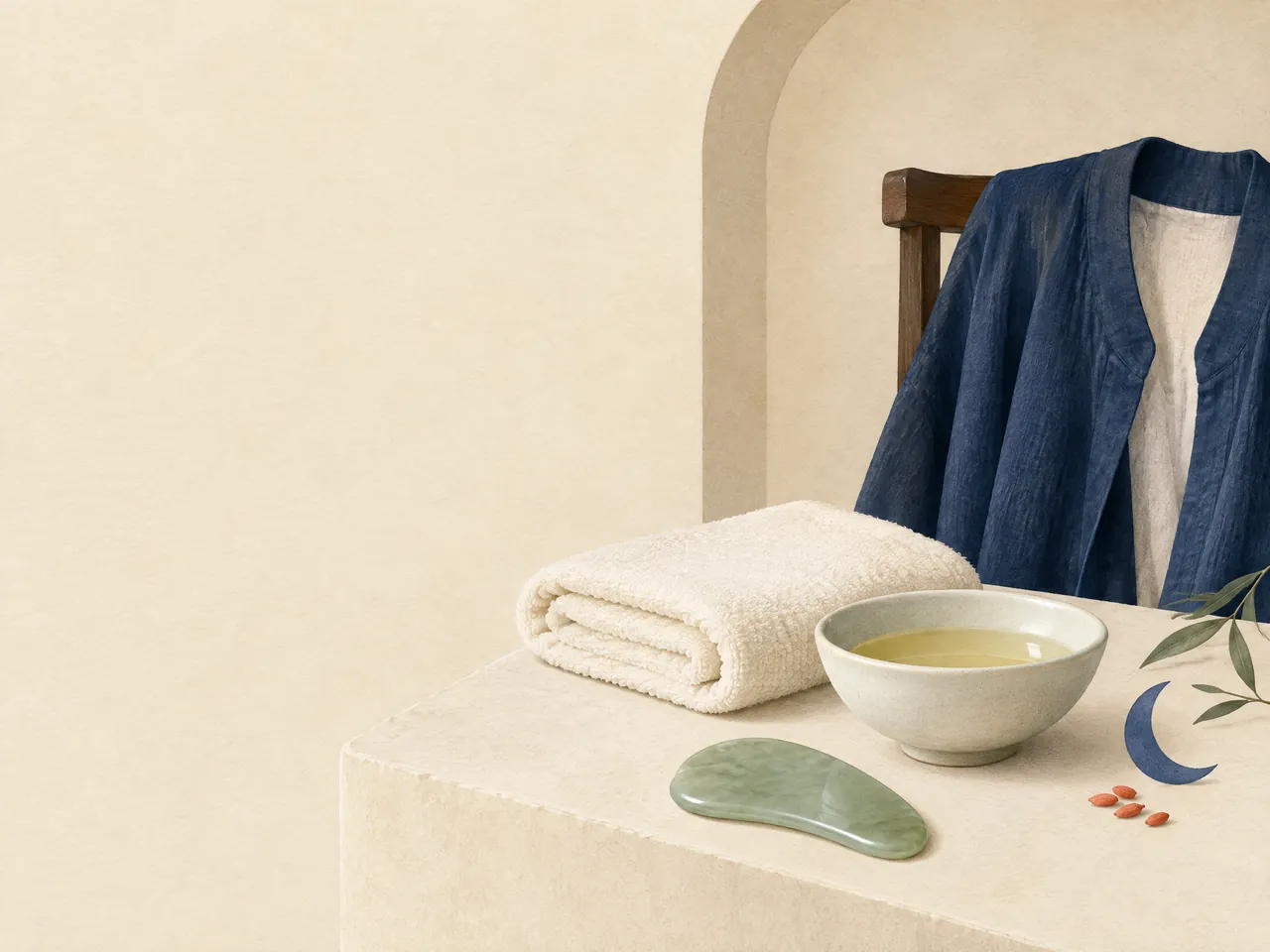 body gua sha — A quiet gua sha preparation still life with a folded towel, neutral oil bowl, jade tool and open-neck garment ready beside a chair — Hong Kong