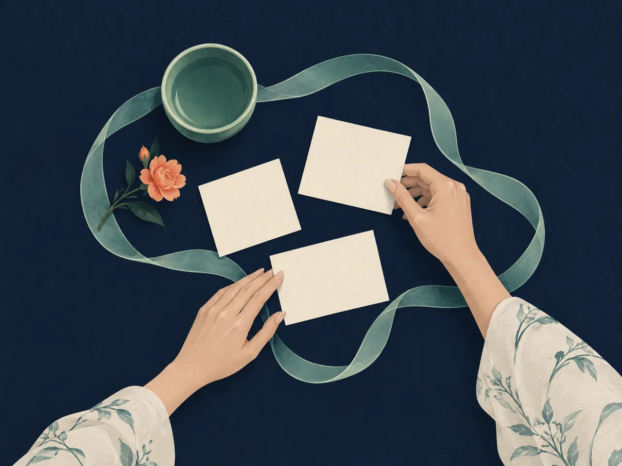 Chinese medicine postnatal assessment — Hands arrange three blank cards beside a jade cup and coral flower, suggesting a private follow-up reflection without recorded data — Hong Kong