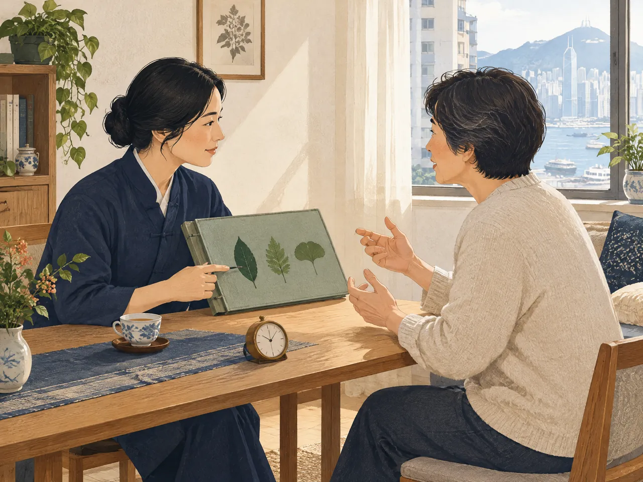 home visit Chinese medicine Hong Kong — A practitioner and resident discussing day-to-day routine in a home follow-up conversation with a botanical folio — Hong Kong