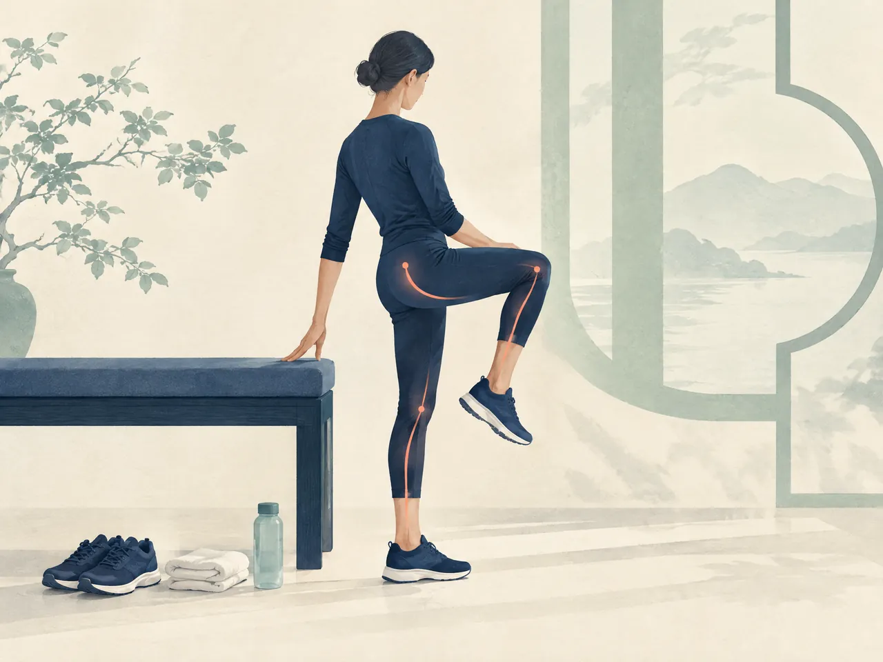 does acupuncture help hip pain — Adult preparing for movement with a supported standing hip-and-knee warm-up beside shoes, towel and water bottle — Hong Kong