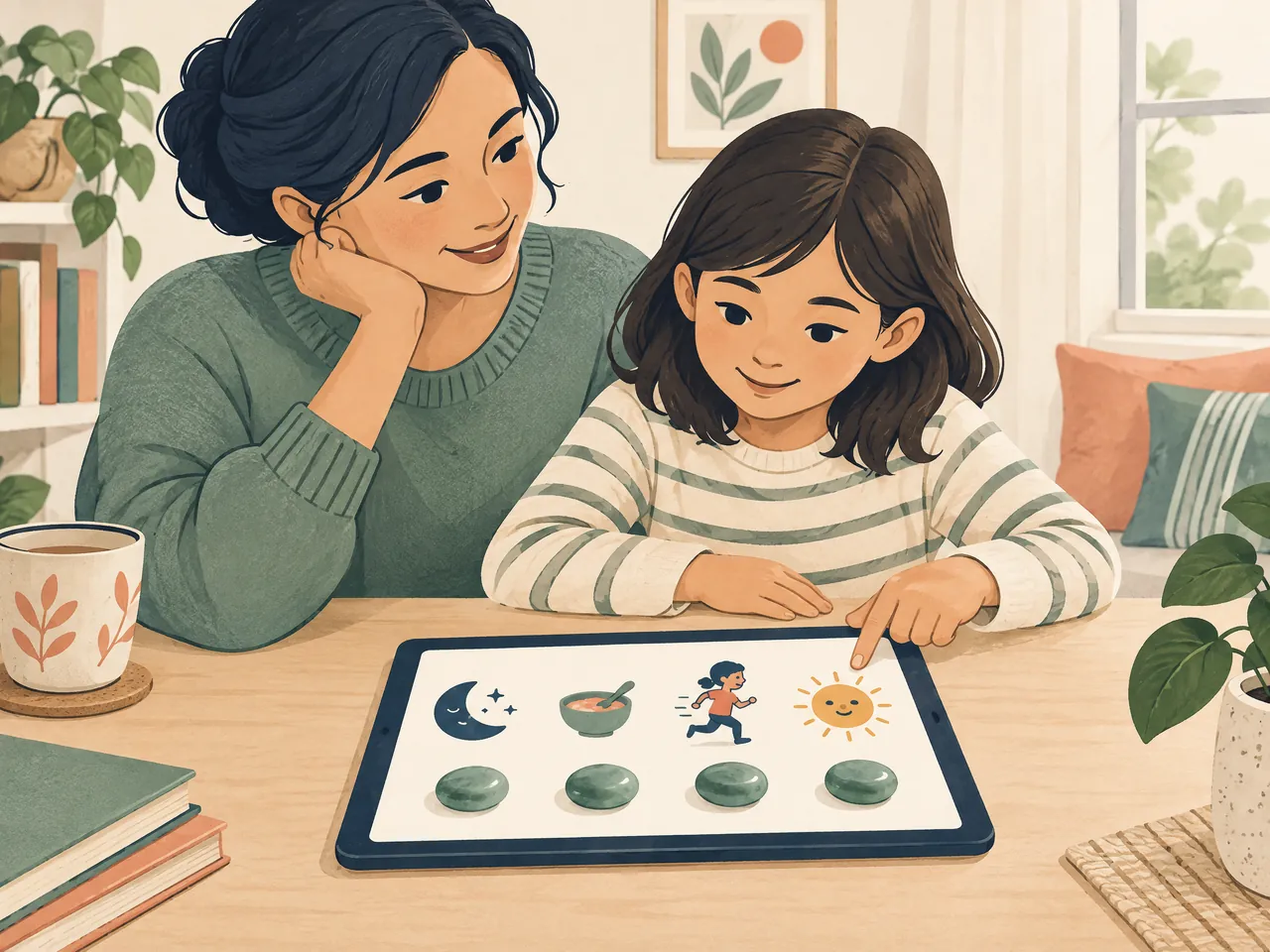 paediatrics in CM — Parent and school-age child reviewing a text-free well-being diary with sleep, meal, play and sunshine symbols and four jade observation pebbles — Hong Kong