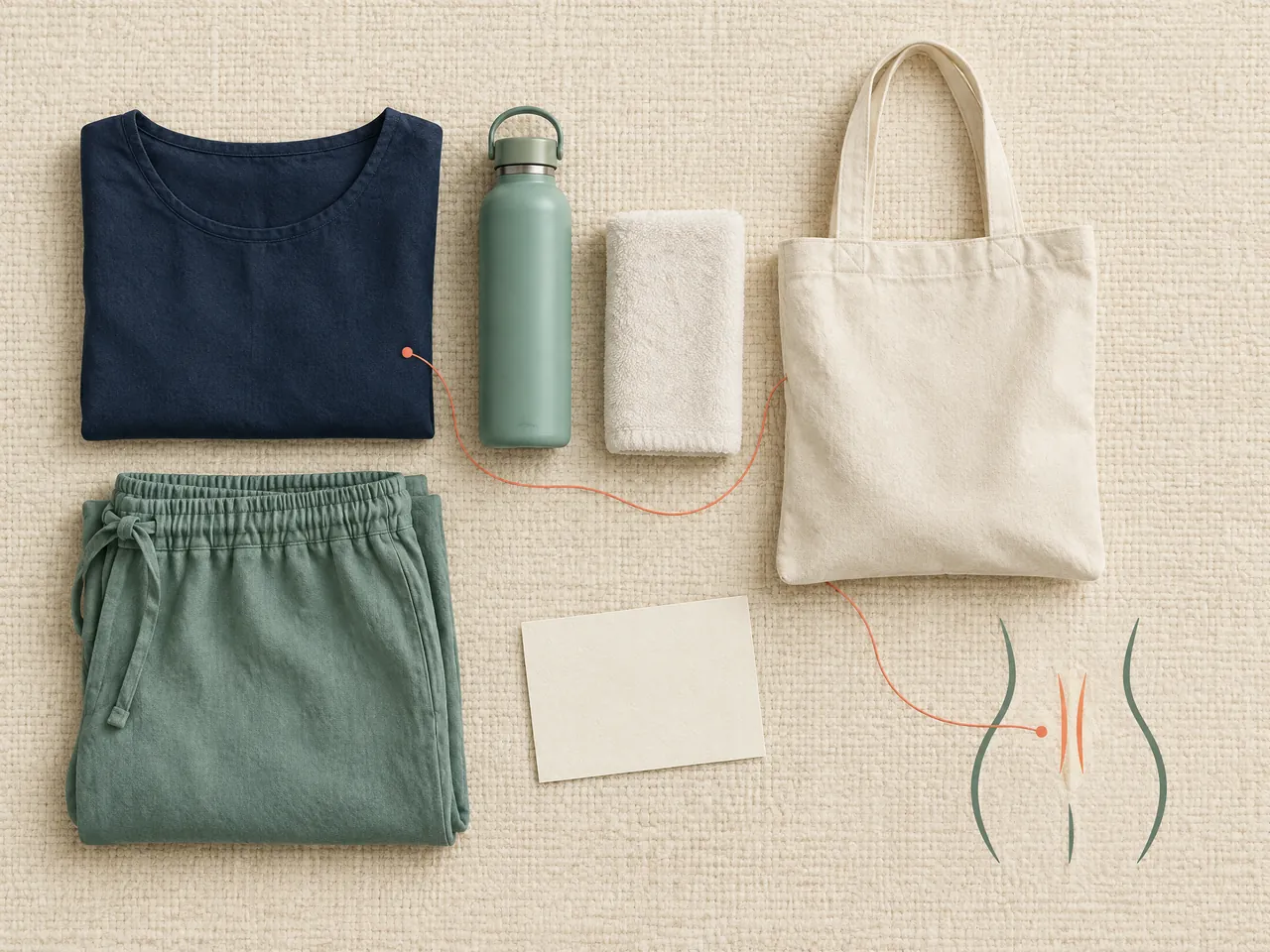 how does acupuncture help back pain — A serene overhead preparation flat-lay of loose clothing, water bottle, towel and tote linked by a coral thread to a minimal lower-back contour — Hong Kong