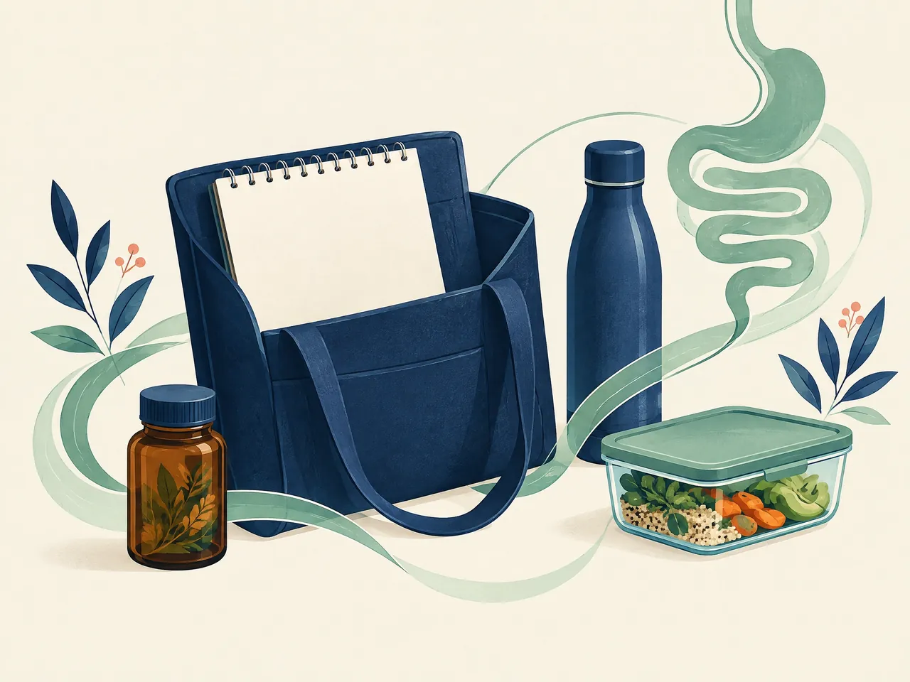 IBS acupuncture — An appointment-preparation still life with an open tote, blank notebook, water bottle, meal container and unlabelled botanical jar linked by a digestive motif — Hong Kong