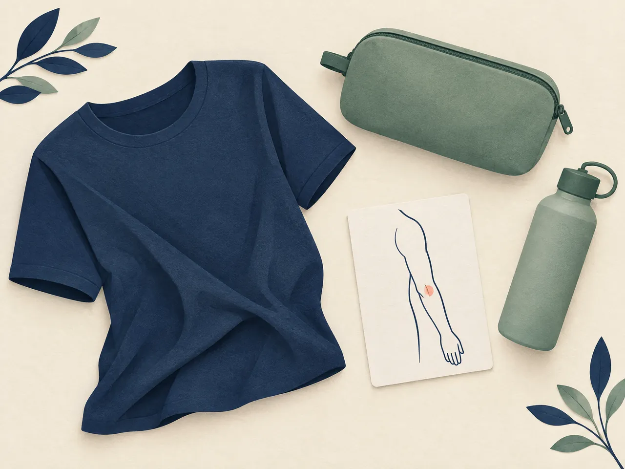 tennis elbow TCM — Elbow appointment preparation flat lay with a short-sleeve shirt, pouch, water bottle and an unlabeled arm outline card — Hong Kong