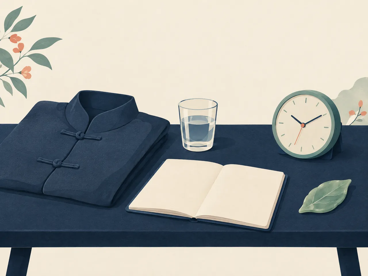 muscle strain red flags — A folded jacket, glass of water, blank notebook, leaf and unnumbered clock arranged for consultation preparation — Hong Kong