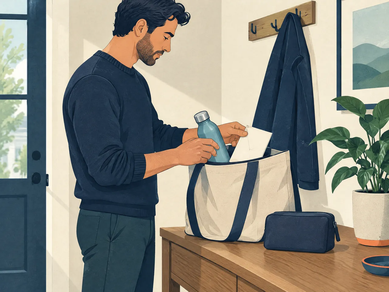 when should I seek urgent help for difficulty urinating — A man packing water, a plain note card and personal essentials into a canvas bag at home, illustrating appointment preparation — Hong Kong