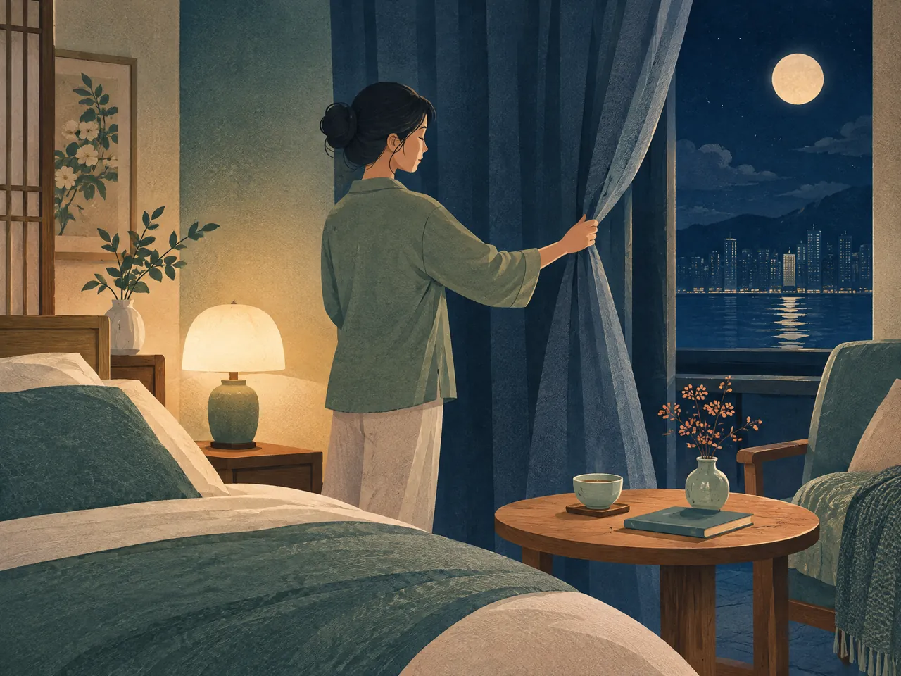insomnia assessment — An adult prepares a calm bedroom for sleep by closing curtains beside a softly lit lamp, tea cup, and book — Hong Kong