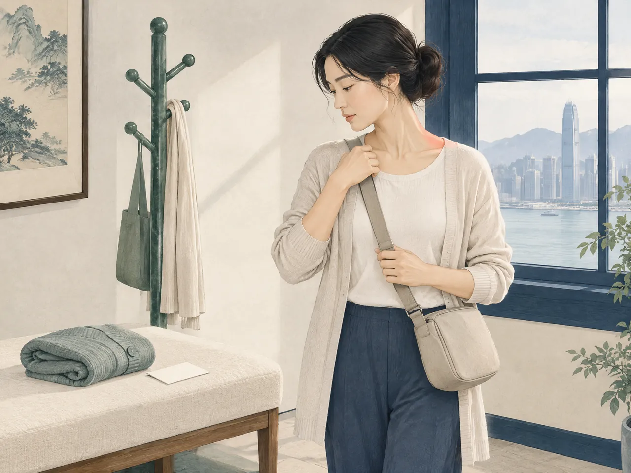 acupuncture for rounded shoulders — Adult preparing to leave home with a light cross-body bag, checking how the shoulder strap feels — Hong Kong
