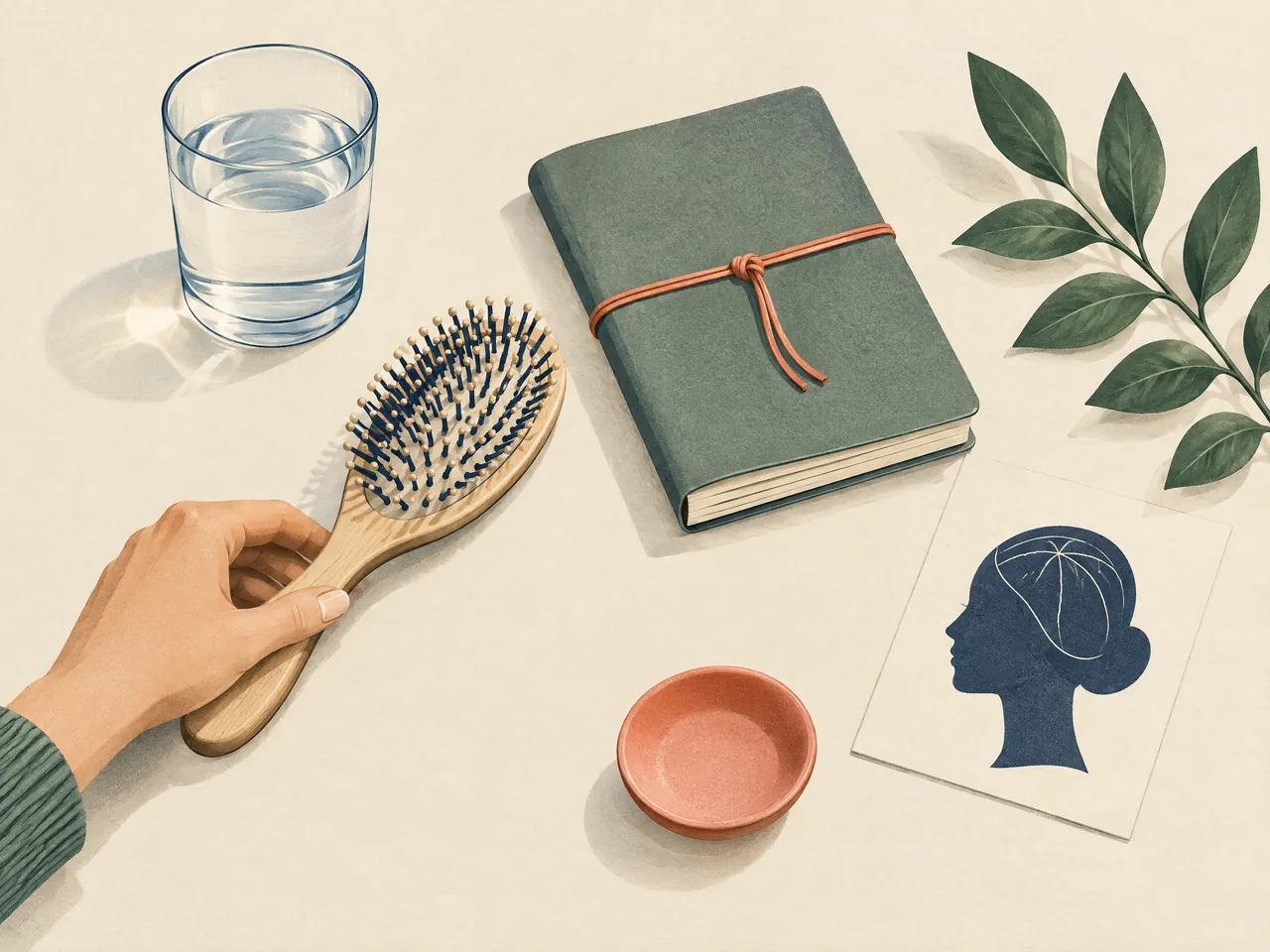 patchy hair loss — A preparation still life with a hairbrush, water, unmarked journal, leaf branch, and simple scalp-contour card — Hong Kong