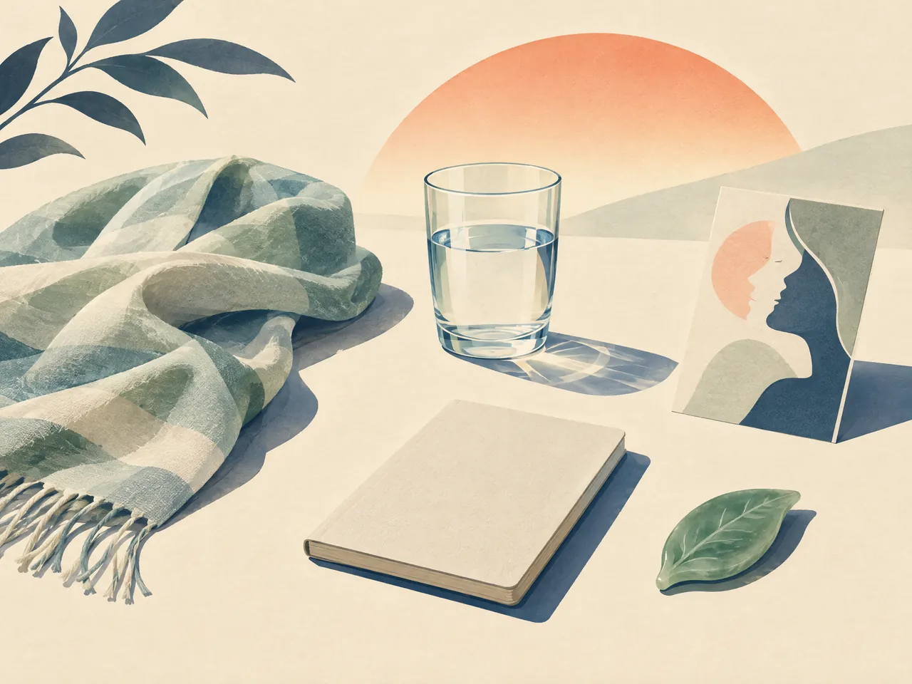 eczema itching relief — Quiet pre-visit still life with a folded scarf, water glass, blank notebook, botanical leaf, and abstract facial-profile card — Hong Kong