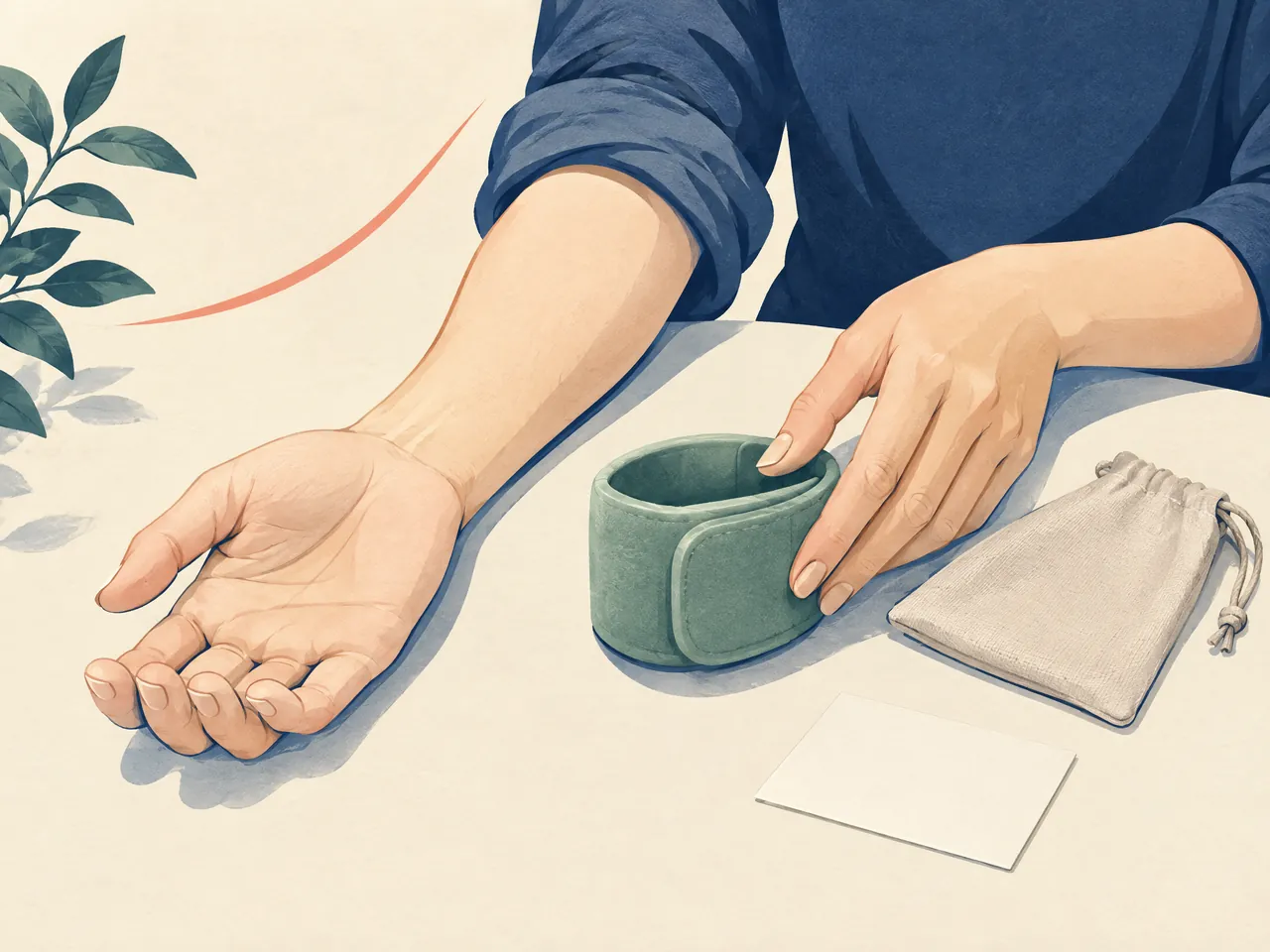 wrist pain — A quiet consultation-preparation still life with a rolled sleeve, exposed wrist, jade wrist support, plain pouch and blank card — Hong Kong