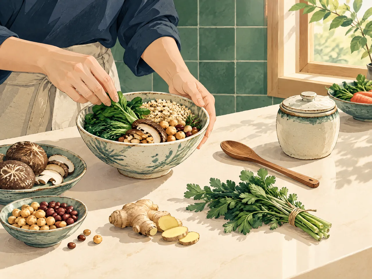 What should I ask before acupoint embedding? — Hands prepare a balanced bowl with greens, grains, mushrooms, legumes, ginger, and fresh herbs in a calm home kitchen — Hong Kong