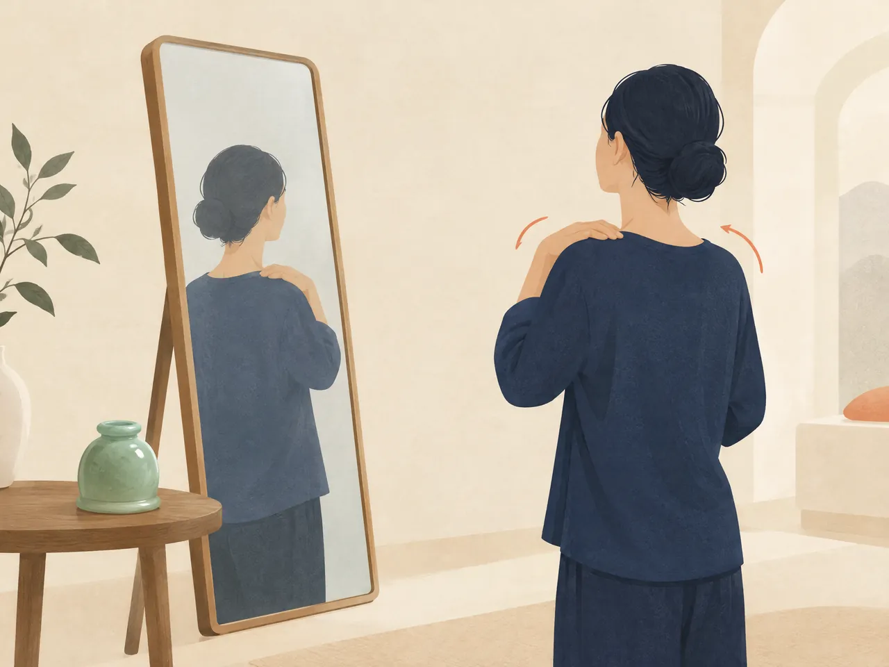 cupping therapy Hong Kong — An adult gently rolls their shoulders beside a mirror and a small jade cupping vessel during calm self-observation — Hong Kong