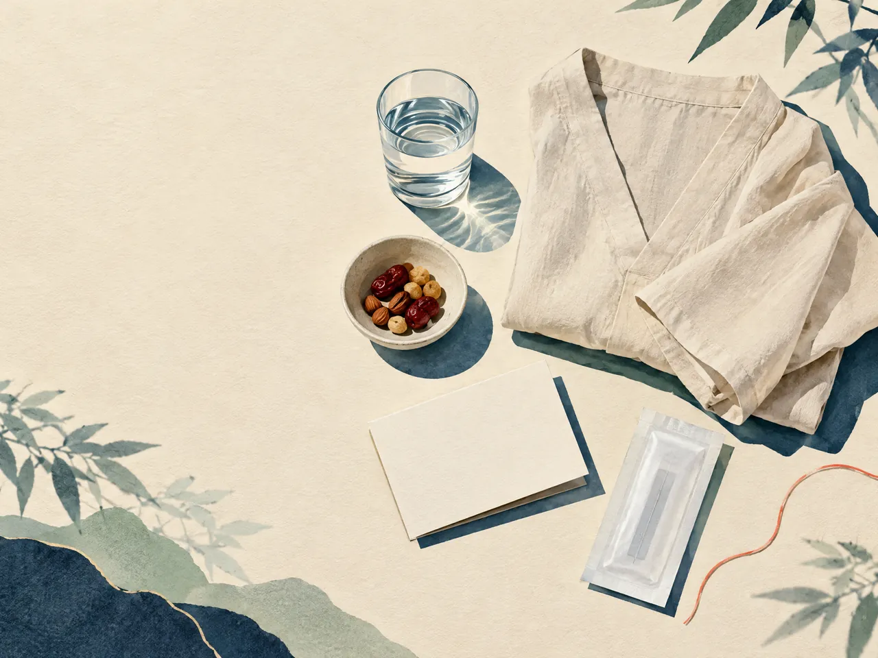 acupuncture for herniated disc — A top-down acupuncture appointment preparation still life with loose clothing, water, a light snack, a blank card, and a sealed needle pack — Hong Kong